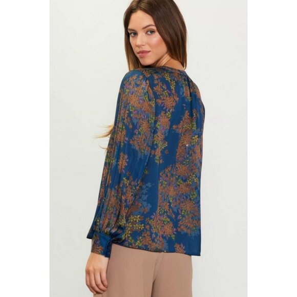 💕SKIES ARE BLUE💕Long-Sleeve Button-Down Blouse ~ Teal Mustard Print  NWT - Picture 4 of 14